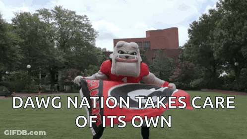 Bulldog Mascot Holding Dawg Nation Takes Care Of Its Own Flag GIF