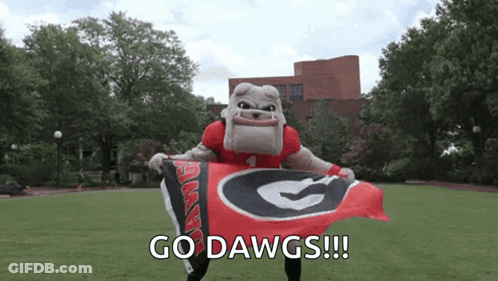 Bulldog Mascot Holding Flag Saying Go Dawgs GIF
