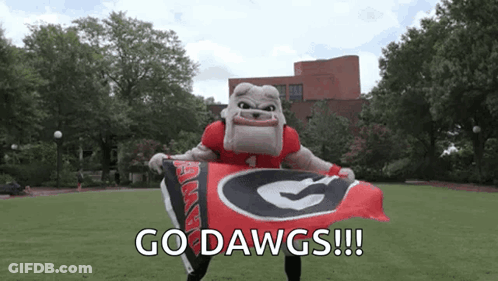 Bulldog Mascot Holding Go Dawgs Flag GIF