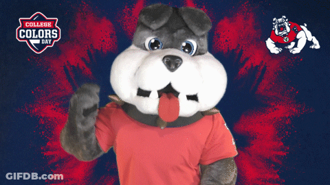 Bulldog Mascot In Front Of College Colors Day Sign GIF