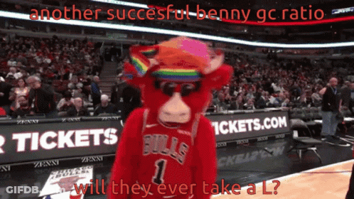 Bulls Mascot In Rainbow Hat In Front Of Tickets.com Banner GIF