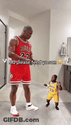 Bulls Player Next To Smaller Lakers Player GIF
