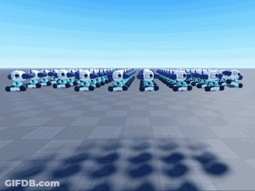 Bunch Of Robots Lined Up On Checkered Floor GIF