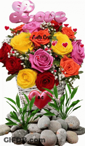 Bunch Of Roses In Basket With Love Above GIF