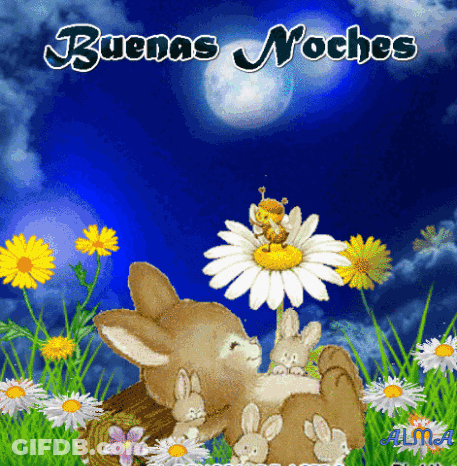 Bunnies Laying On Daisy Saying Buenas Noches GIF