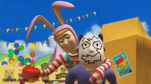 Bunny Eared Character Holding Apple Beside Devil Face GIF