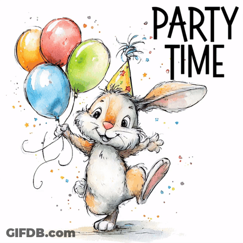 Bunny Holding Balloons Saying Party Time GIF