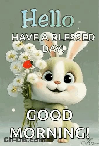 Bunny Holding Bouquet Of Flowers And Ladybug GIF