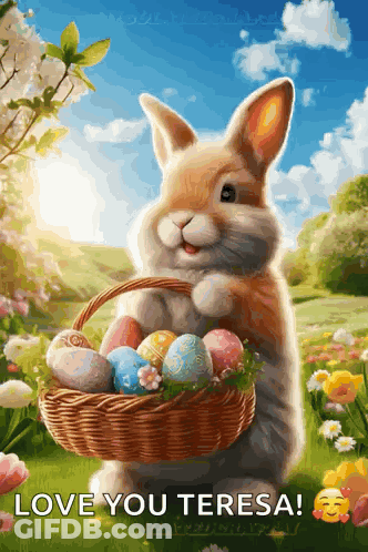 Bunny Holding Easter Basket Saying Love You Teresa GIF