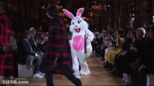 Bunny Mascot On Runway At Fashion Show GIF