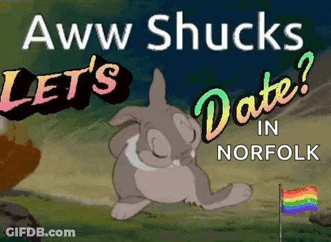 Bunny Poster Saying Aww Shucks Let's Date In Norfolk GIF