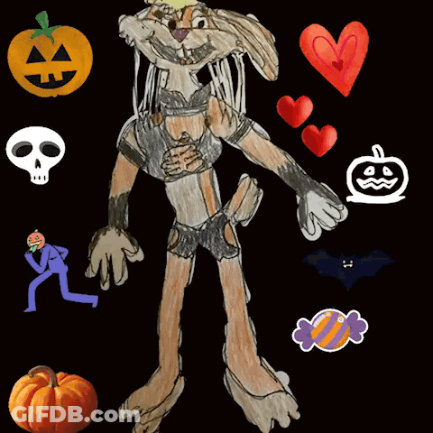 Bunny Surrounded By Halloween Pumpkin And Skull GIF
