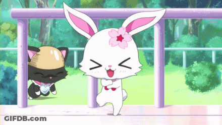 Bunny With Flower Dancing With Cat Behind GIF