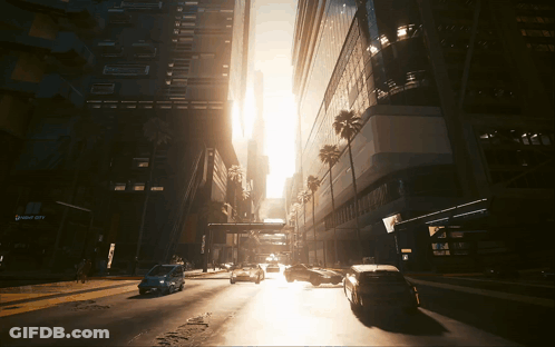 Busy City Street With Night City Sign GIF