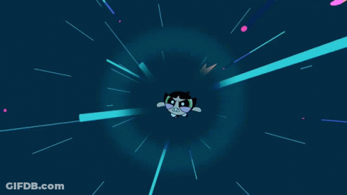 Buttercup From The Powerpuff Girls Is Flying Through The Air With A Blue Background GIF