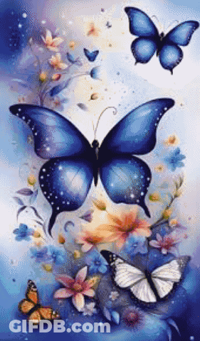 Butterflies And Flowers Blue Background GIF