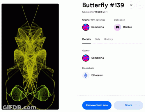 Butterfly 103 On Sale For 0.008 ETH With Blue Share Button GIF