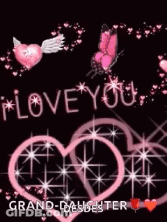 Butterfly Flying Over Pink Hearts Saying I Love You GIF