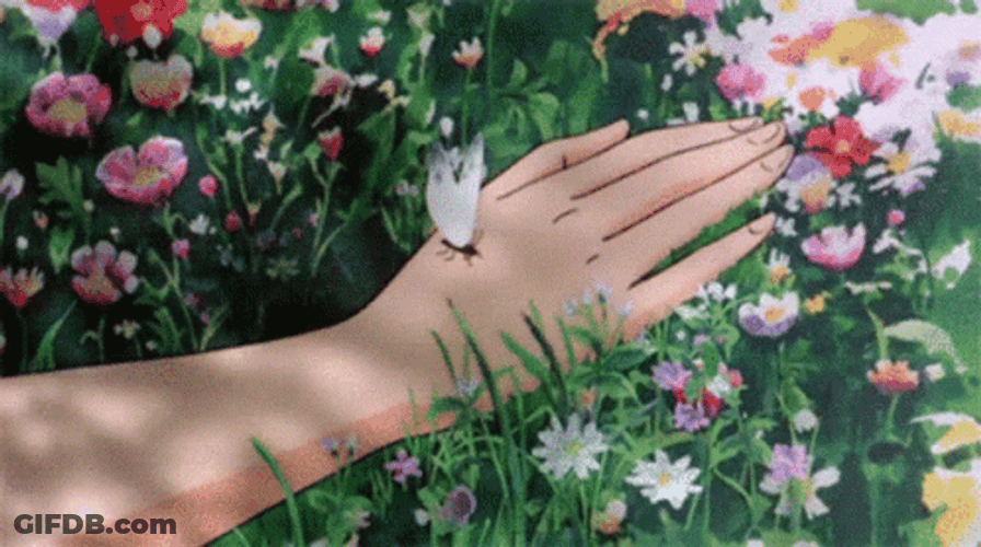 Butterfly On Hand Lying In Anime Flower GIF