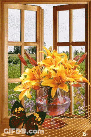 Butterfly Sitting On Window Sill Next To Yellow Lilies GIF