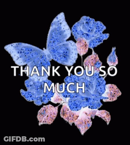 Butterfly Surrounded By Blue And Pink Flowers Saying Thank You So Much GIF