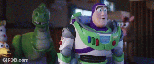 Buzz Lightyear And Rex From Toy Story Are Standing Next To Each Other In A Living Room . GIF