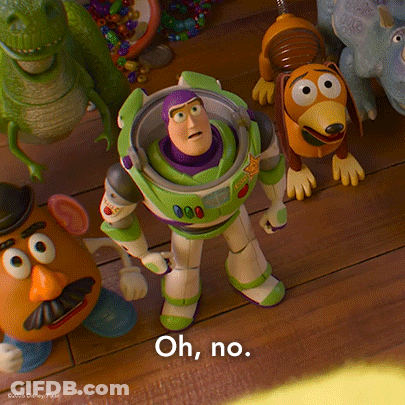 Buzz Lightyear And Slinky Dog From Toy Story Are Standing On A Wooden Floor GIF