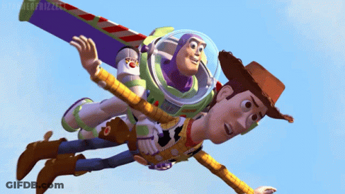 Buzz Lightyear And Woody From Toy Story Are Flying In The Air GIF