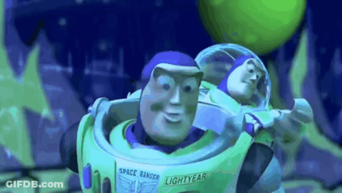 Buzz Lightyear And Woody From Toy Story Are Standing Next To Each Other In A Dark Room . GIF
