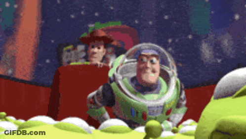 Buzz Lightyear And Woody Looking At Green Monster GIF