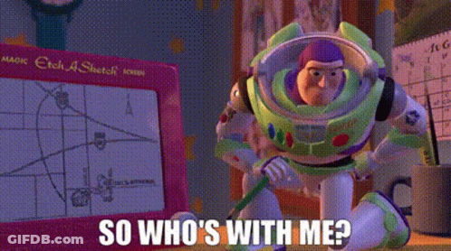 Buzz Lightyear From Toy Story Is Kneeling Down In Front Of A Magic Etch A Sketch GIF