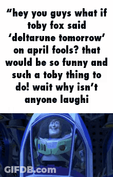 Buzz Lightyear From Toy Story Is Sitting In A Spaceship With A Quote About April Fools Coming Up GIF