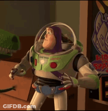 Buzz Lightyear From Toy Story Is Standing In A Room With His Arms Crossed GIF