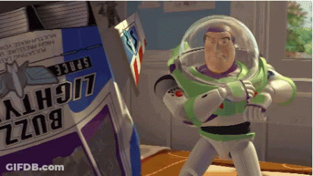 Buzz Lightyear From Toy Story Is Standing Next To A Box Of Space Buzz Lightyear Cereal GIF