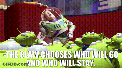 Buzz Lightyear From Toy Story Is Surrounded By Green Aliens And Says " The Claw Chooses Who Will Go And Who Will Stay " GIF