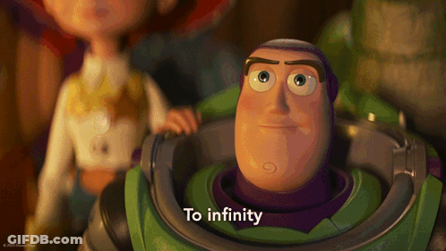 Buzz Lightyear From Toy Story Says " To Infinity " While Jessie Looks On GIF