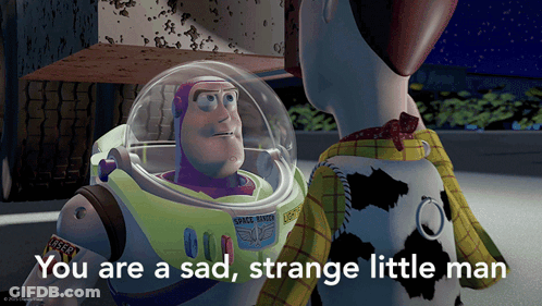 Buzz Lightyear From Toy Story Talking To Woody Who Is Sad GIF
