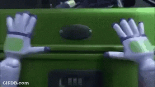 Buzz Lightyear Hands Reaching Toward Green Suitcase GIF