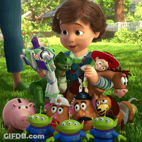 Buzz Lightyear Jessie And Bullseye Sitting In Popcorn Pile GIF