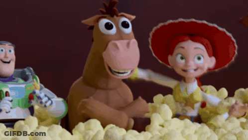 Buzz Lightyear Jessie Bullseye Sitting In Popcorn GIF
