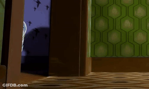 Buzz Lightyear Peeking Out Door Birds Flying GIF