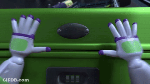 Buzz Lightyear Reaching Into Green Suitcase GIF