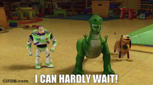 Buzz Lightyear , Rex , And Slinky From Toy Story Are Standing Next To Each Other On A Wooden Floor . GIF