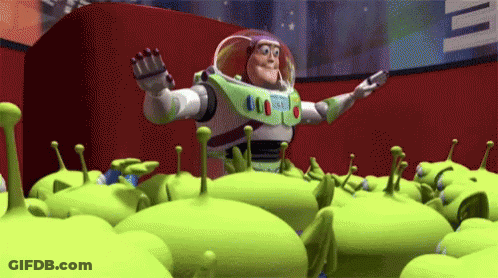 Buzz Lightyear Surrounded By Green Aliens GIF
