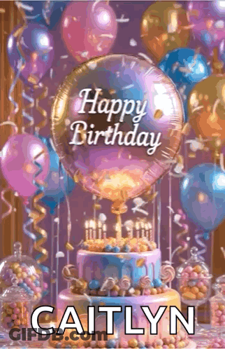 Caitlyn Birthday Card With Cake Balloons And Candy GIF