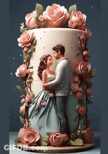 Cake With Man Woman And Pink Roses GIF