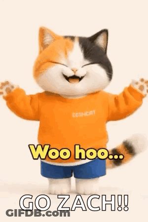 Calico Cat In Orange Sweater And Blue Shorts Laughing GIF