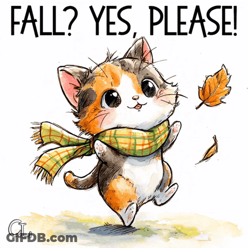 Calico Cat Wearing Scarf Saying Fall Yes Please GIF