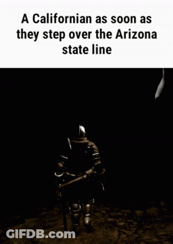 Californian Stepping Over Arizona State Line In Front Of Skeleton GIF