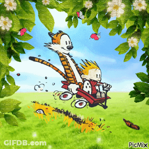 Calvin And Hobbes Riding Red Wagon GIF